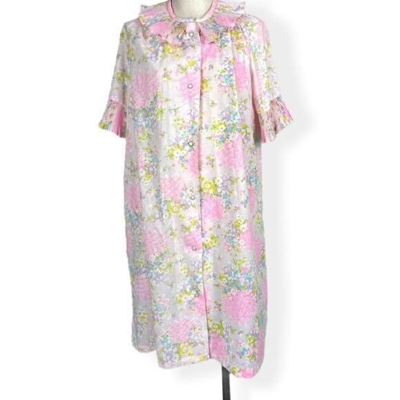 Vintage 70s Pastel Floral Housecoat Robe Lightweight Ruffle Collar Cuffs Large - Picture 1 of 9